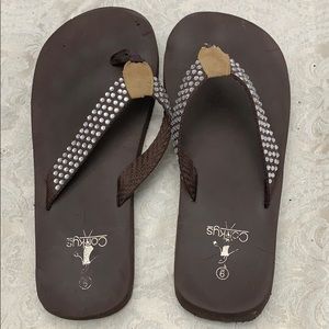 Brown rhinestone flip-flops size 9